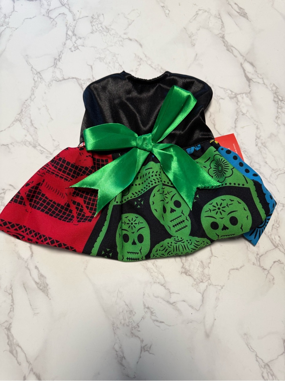 Pet Warrior Dog/Cat Day of the Dead Skull Costume Dress with Green Bow.